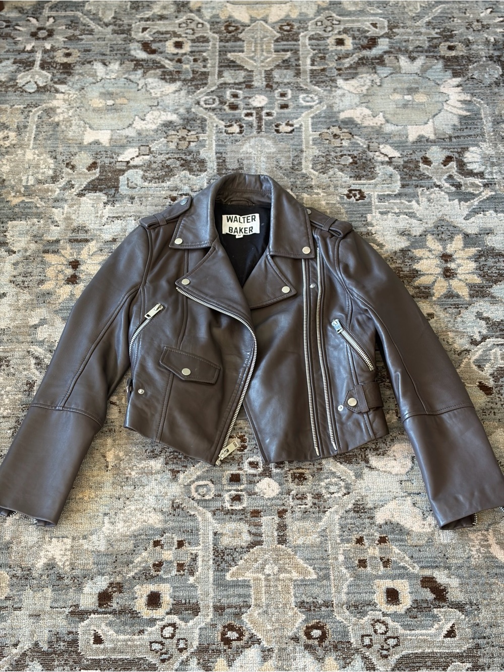 WALTER BAKER Brown Leather Moto Jacket with Silver Hardware